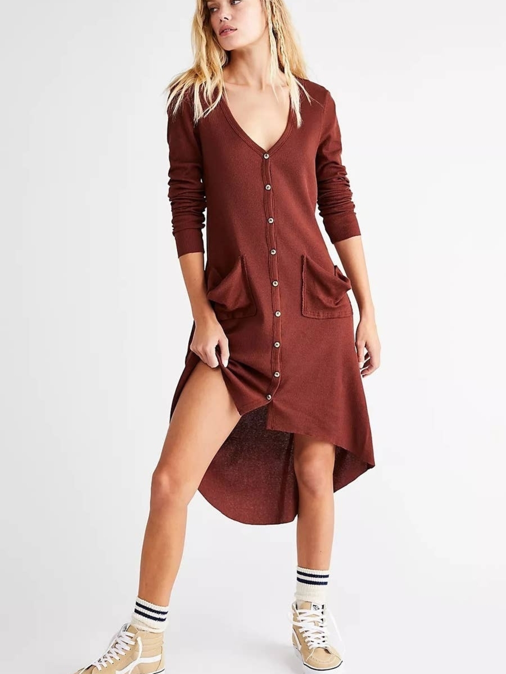 Free People FP BEACH ribbed Up  Cardigan High Low Hem Duster Midi Top Dress